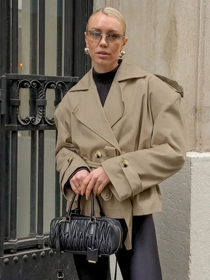 Vintage Solid Slim Women's Windbreaker Turn-down Collar Long Sleeve Lace Up Waist Cinching Jackets New Chic Lady Locomotive Tops