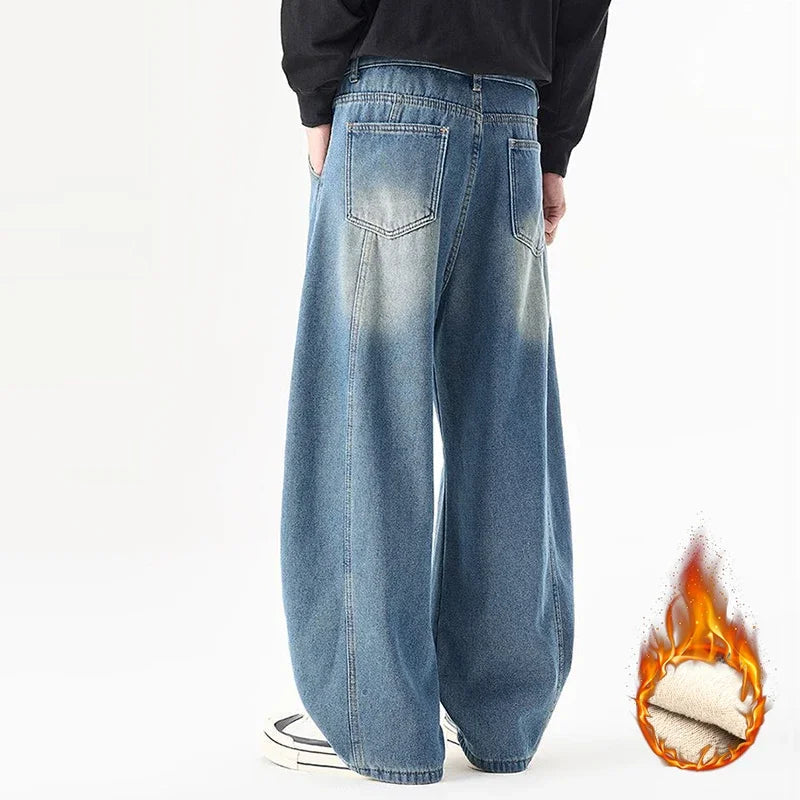 Men's Fleece Thick Curved Knife Jeans American Style Retro Loose Wide Leg Denim Pants Vintage Casual Splicing Design Trousers HALALZEN