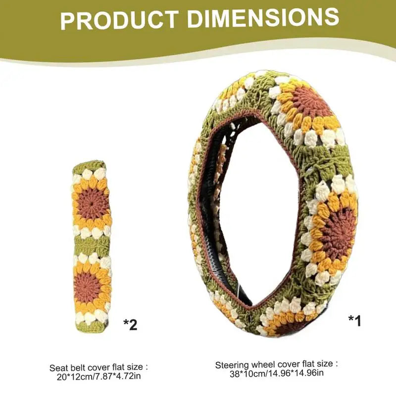 Universal Crochet Sunflower Car Steering Wheel Cover 35-38cm Anti-Slip Auto Handmade Wheel Cover With Seat Belt Cover Set