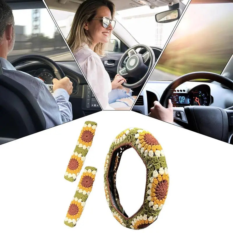 Steering Wheel Cover Set For Women Anti-Slip Handmade Knitted Sunflower Steering Wheel Cover Aesthetic Soft Decor Car