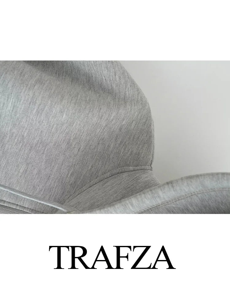 TRAFZA 2025 Casual Women's Soild Zipper Hoodie Long Sleeve Big Pocket Zipper Jacket With Hood Female Loose Outerwear Coat Tops