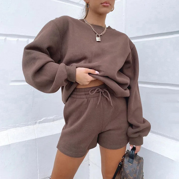 Casual Solid Color All-match Short Two Piece Set Women O Neck Long Sleeve Pullover Sweatshirt Shorts 2 Piece Sets Streetwear