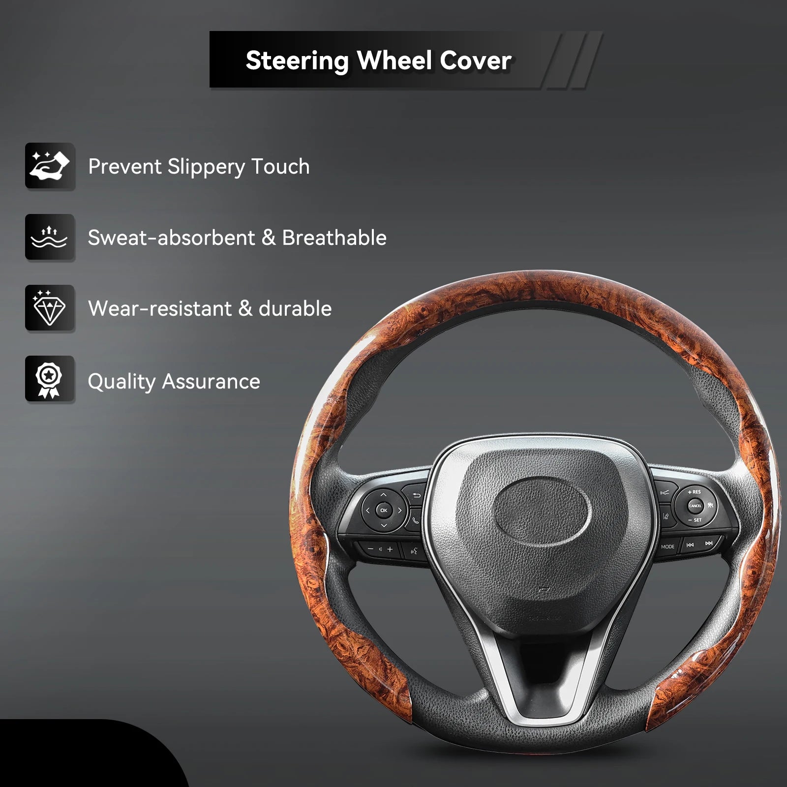 Mahogany Car Steering Wheel Cover Wood Grain PVC Breathable Non-slip Universal 38cm 15inch for Toyota Corolla Rav4 Camry Prius