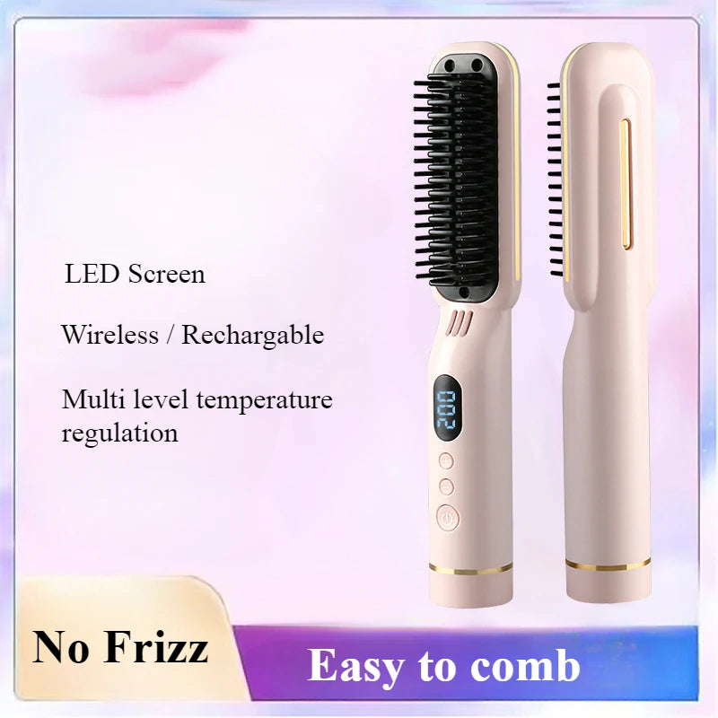 Wireless Hair Styler Negative Ion Hair Straightener Comb & Curling Comb Damage-Free Voluminous LED Screen Rechargeable Hot Comb Halalzen