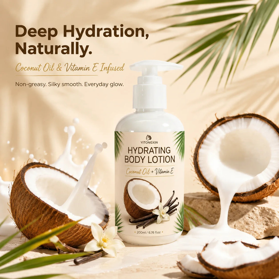 200m Coconut Oil & Vitamin E Body Lotion Coconut Vanilla Scent Hydrating Moisturizer for Smooth Skin, Non-Greasy Fast Absorbing