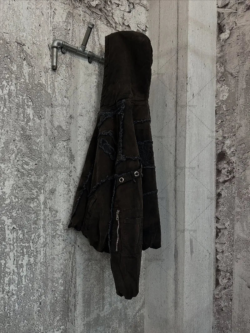 Punk High Street Clothing Destructive Style Sticker Zipper Sweatshirt Women Trendy Embroidered Whiskers Multi-pocket Hoodie Men