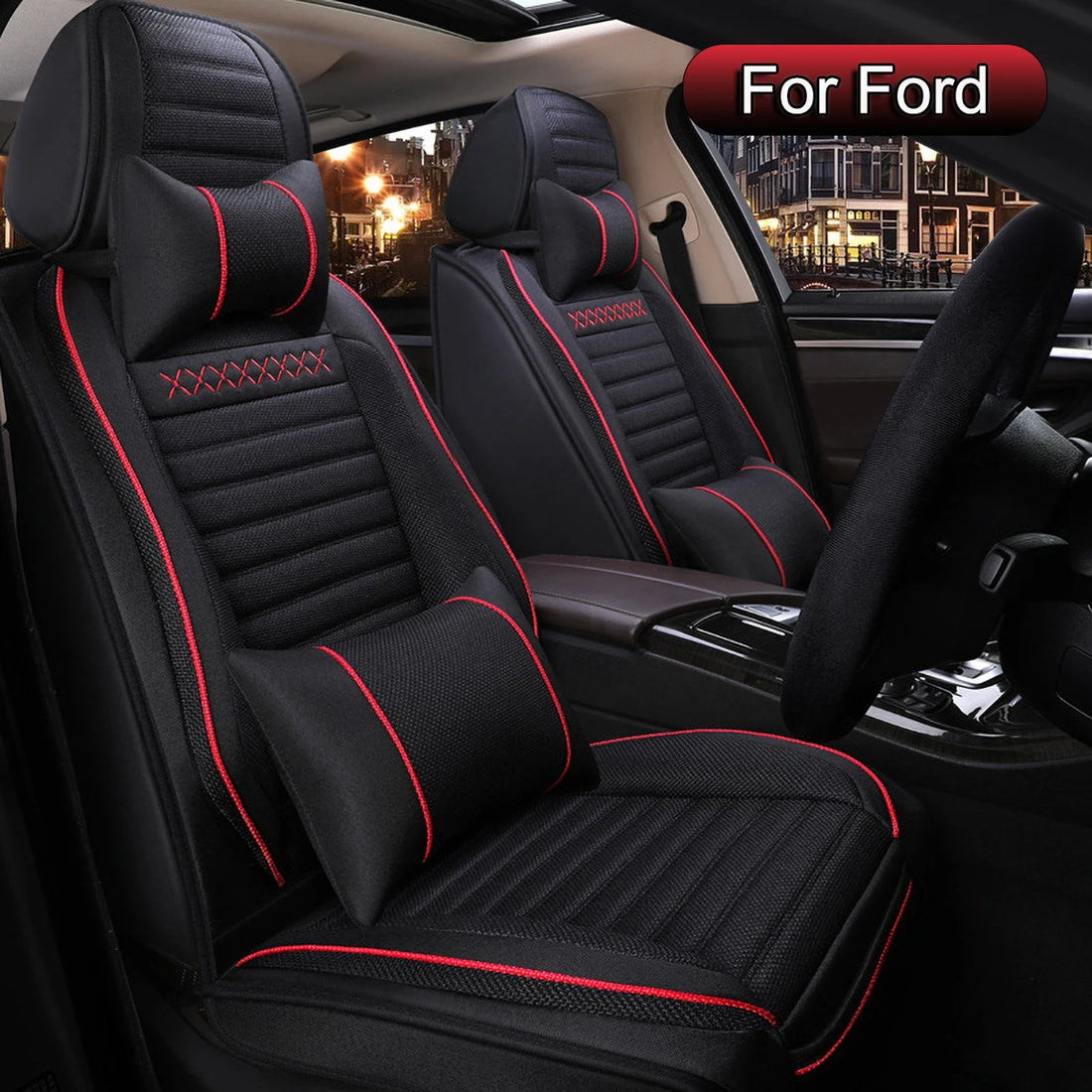 Car Seat Covers Full Set Linen, Fit For Ford Escape, Edge, Focus, Fusion, Mustang Mach-E, Maverick, EcoSport, Taurus