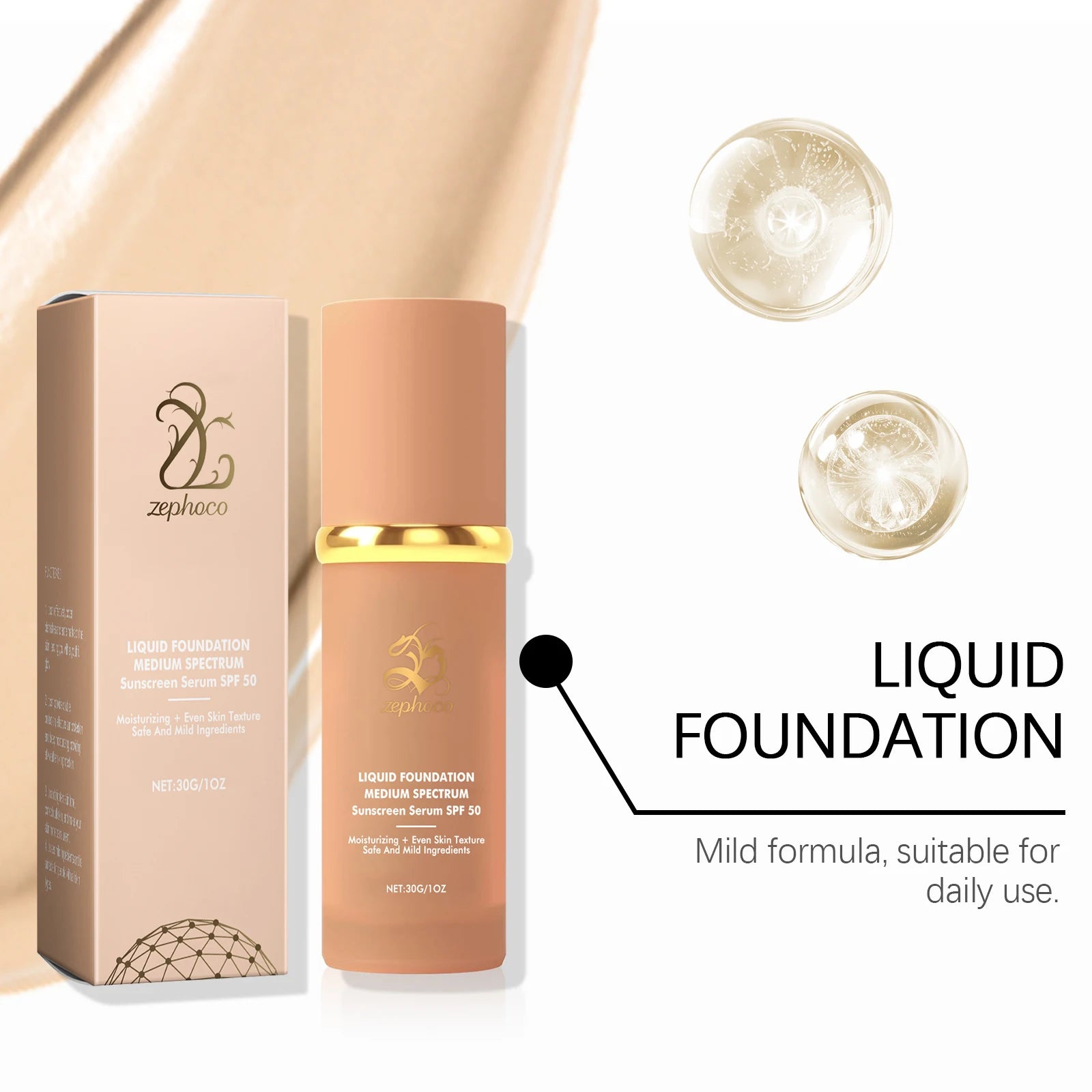 Moisturizing Sunscreen Foundation Medium Spf50+ Waterproof Oil-Control Lightweight Matte Long Lasting Nourish Liquid Foundation