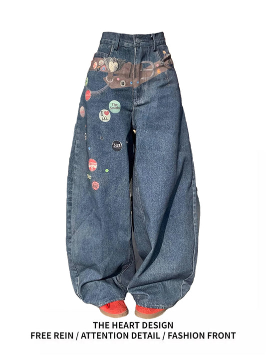 Women's Y2K Vintage Baggy Wide Leg Jeans With Colorful Badges & Printed Belt Streetwear Denim Trousers