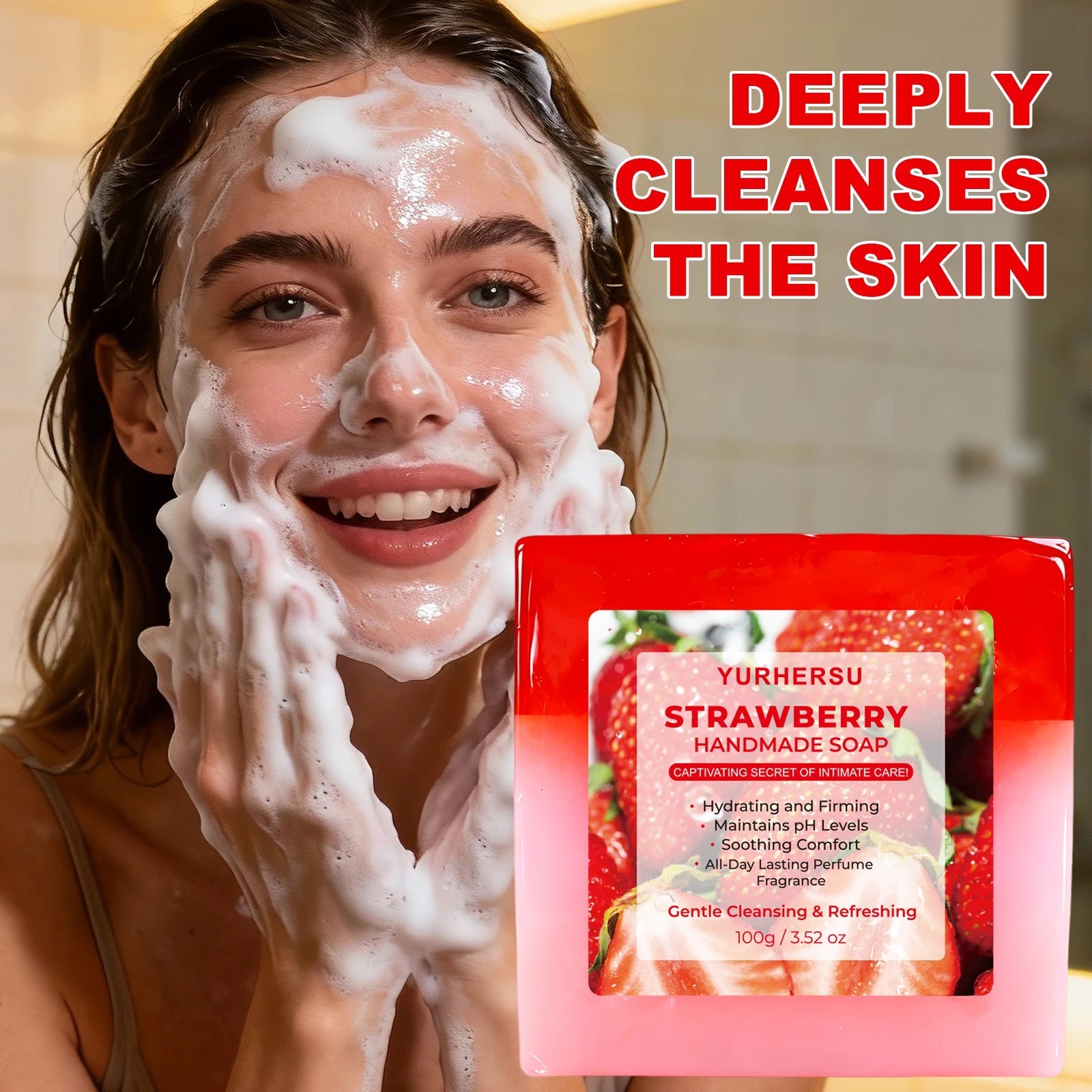 Strawberry Soap Natural Brightening Moisturizing Gentle Cleansing Exfoliating Smooth Skin Handmade Soap for Face & Body Halalzen