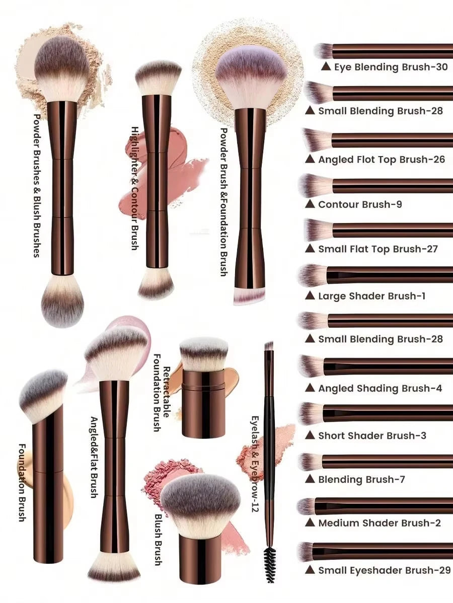 22-piece professional makeup tool set, including a velvet storage bag, 20 soft long aluminum tube  brushes + 2 powder puff