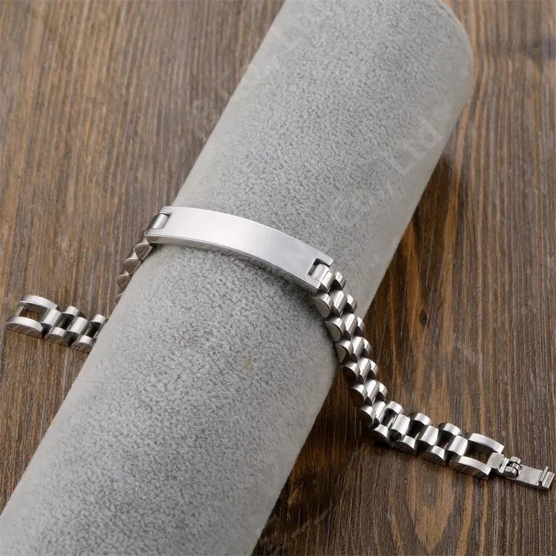 Custom Logo Name Engrave Bracelet Personalized Nameplate Stainless Steel Thick Hand Chain Custom Couple Men Women Jewelry Gift