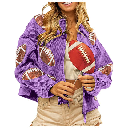 Womens Fall Winter Corduroy Football Sequin Jacket Slim Fit Baseball Casual Jacket Danger Days Button Up Shirts Outwears куртка