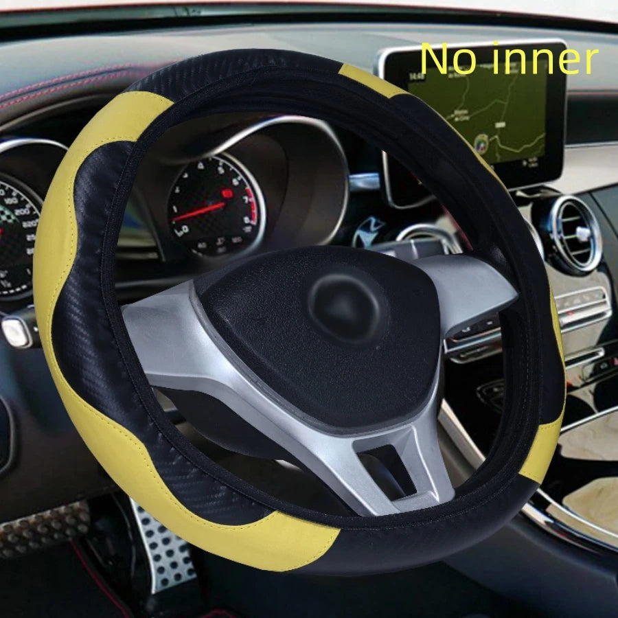 Carbon fiber pattern PU leather steering wheel cover with no inner ring design, full elasticity, anti slip and wear-resistant, m