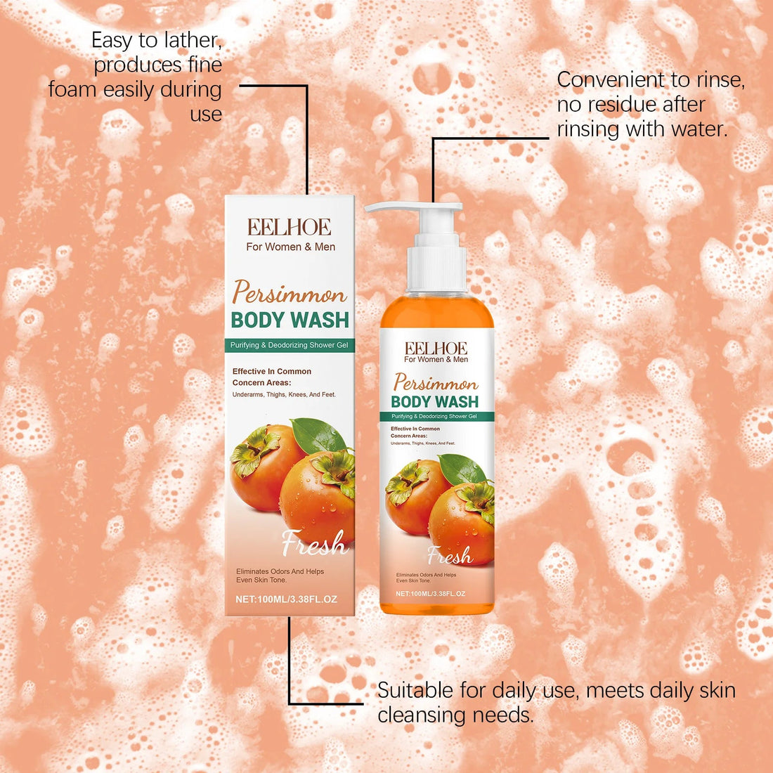 Persimmon Fresh Shower Gel cleanses body dirt and oil, leaving a refreshing feel and smooth texture. Halalzen