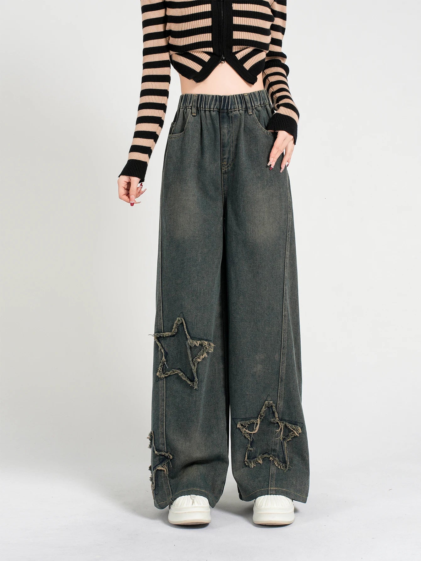 Girls' Fashion Star Wash Jeans - Retro Loose Straight Leg Denim Pants, Versatile & Casual
