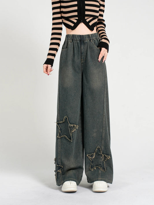 Girls' Fashion Star Wash Jeans - Retro Loose Straight Leg Denim Pants, Versatile & Casual