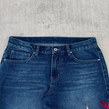 Dragon Graffiti Embroidery Dark Blue Loose Wide Leg Distressed Jeans Y2K High Waist Men Women Vintage Casual Daily Streetwear