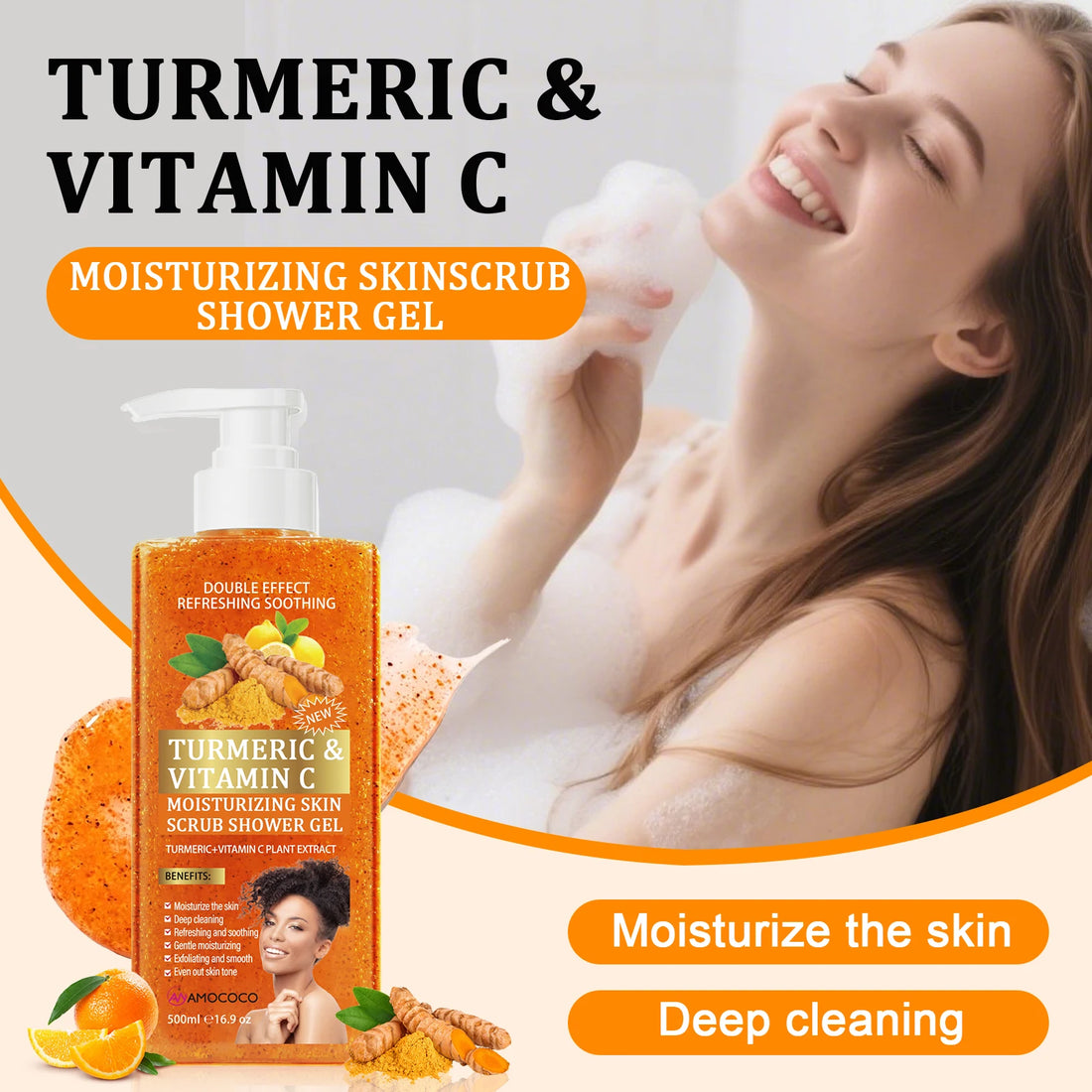 Amococo 2 Pcs Turmeric Vitamin C Body Scrub Shower Gel 500ml Brightening Exfoliating Wash for Uneven Skin Tone Dark Spots Fine Lines