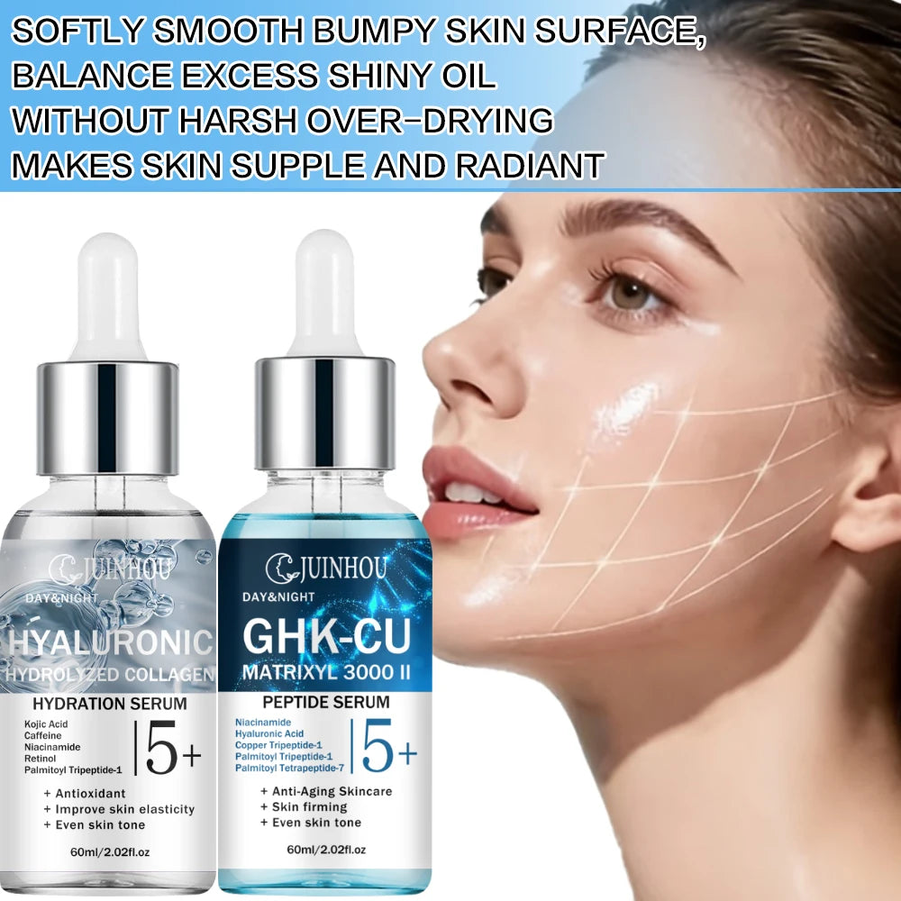 JUINHOU 2Pcs Skin Face Serum Copper Peptide Hyaluronic Acid Plumping Brighten Smooth Skin Deep Hydration Daily Facial Care