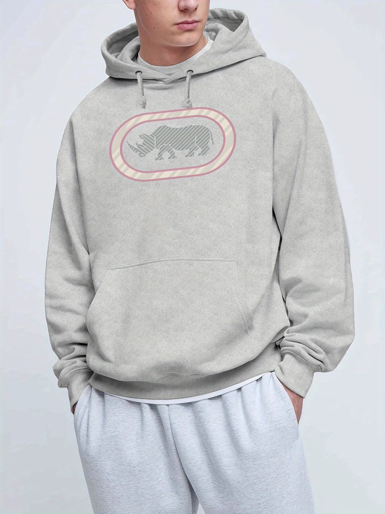 Men'S Casual Rhino Print Hoodie, Winter Long Sleeve Sweatshirt, Regular Fit with Slight Stretch, Trendy American Style Top