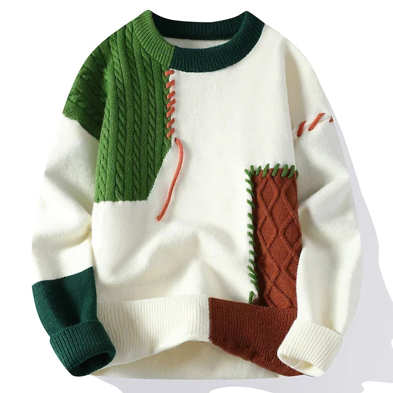 2025 Fall Winter Warm Men Sweaters Korean Style Patchwork Pullovers Round Neck Knitted Sweater Men Women Fashion Knitwear