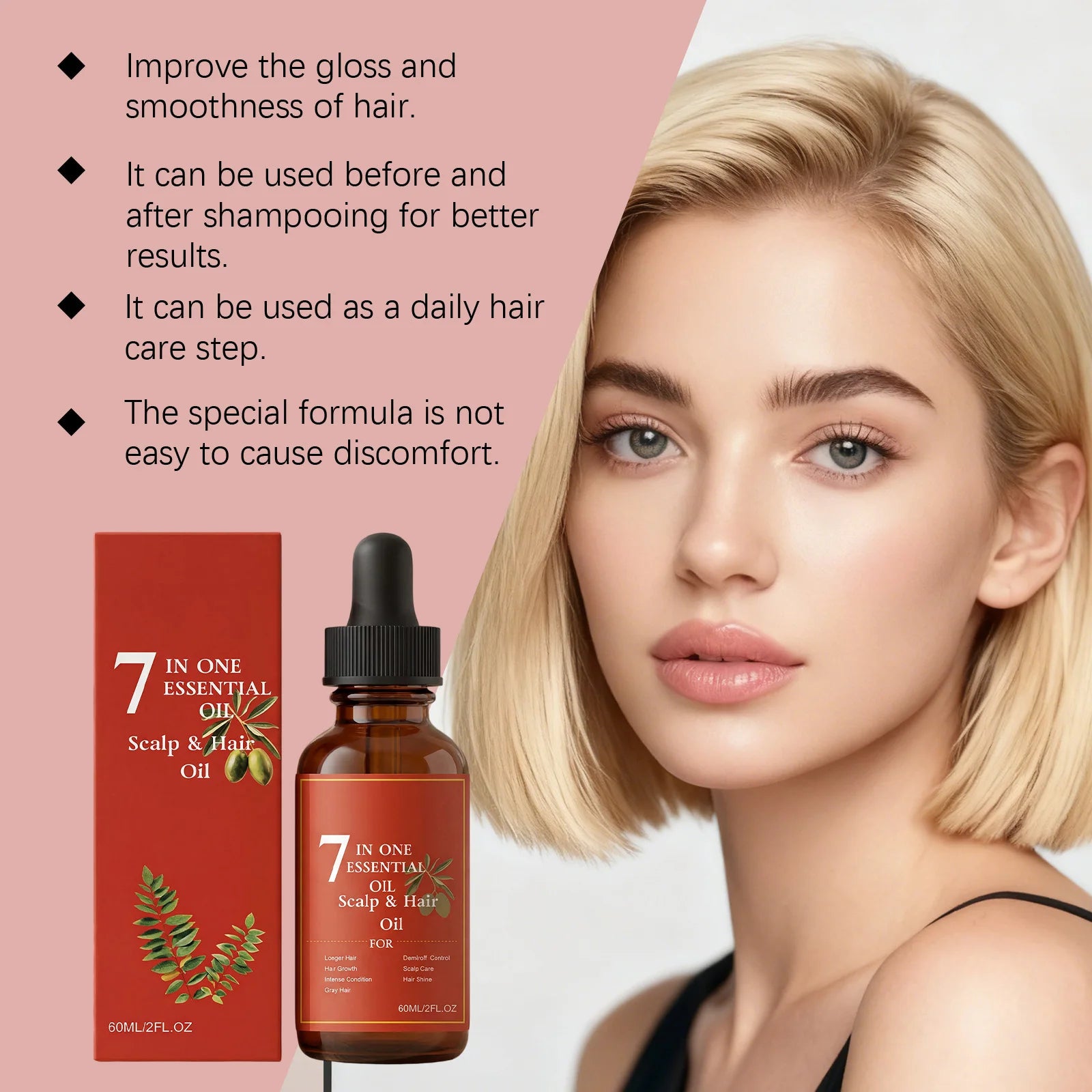 7-in-1 Hair Essential Oil 60ml Rosemary Olive Castor Oil Blend for Dry Scalp Hydration Shine Strong Roots Gray Hair Care