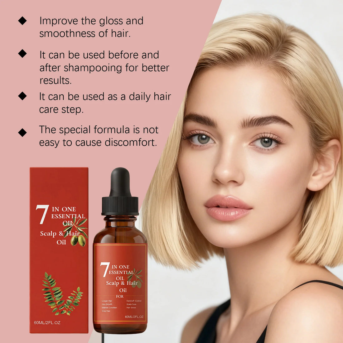 7-in-1 Hair Essential Oil 60ml Rosemary Olive Castor Oil Blend for Dry Scalp Hydration Shine Strong Roots Gray Hair Care