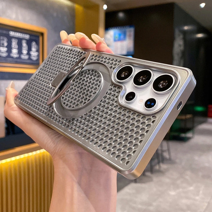 Manyetik Metal Katlanır Stand Isı Dağıtıcı Telefon Kılıfı Samsung S25 S24 S23 Ultra FE S22 Plus 5G Lüks Koruyucu Arka Kapak