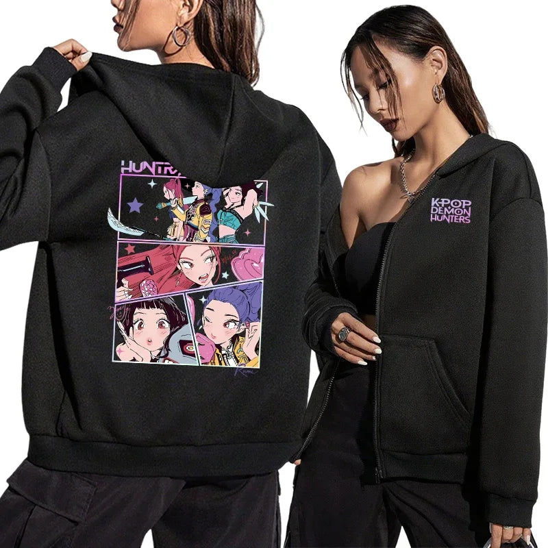 K-pop Anime Pattern Hoodies Women's Zip-up Jacket Autumn Winter Daily Casual Fashion Hooded Coat Demon Hunter Printed Sweatshirt