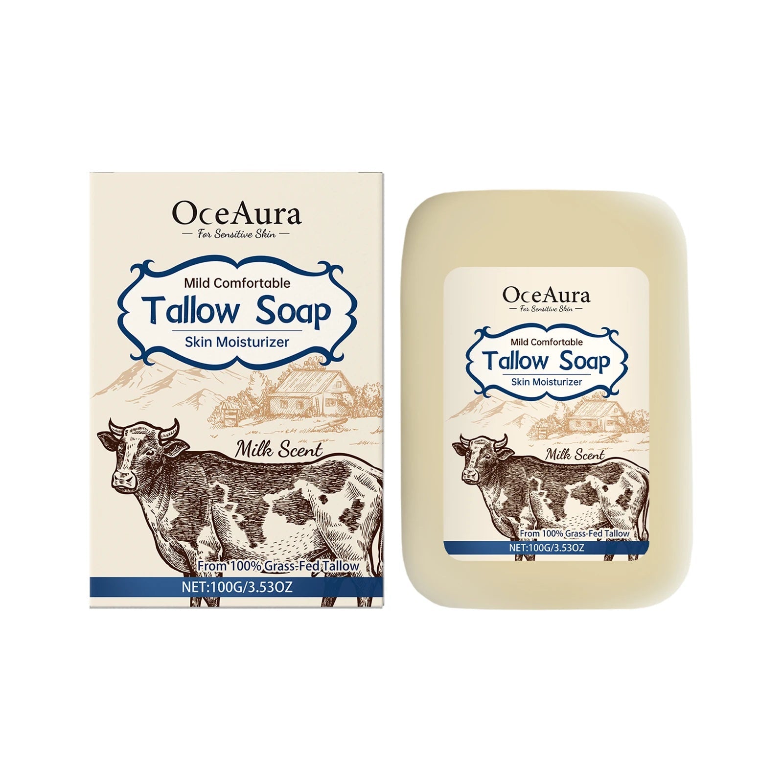 OCEAURA Tallow Soap, Beef Tallow Soap, Pure Tallow Balm Soap Bar for Sensitive Skin - Moisturizes, Soothes, and Hydrates 100g Halalzen