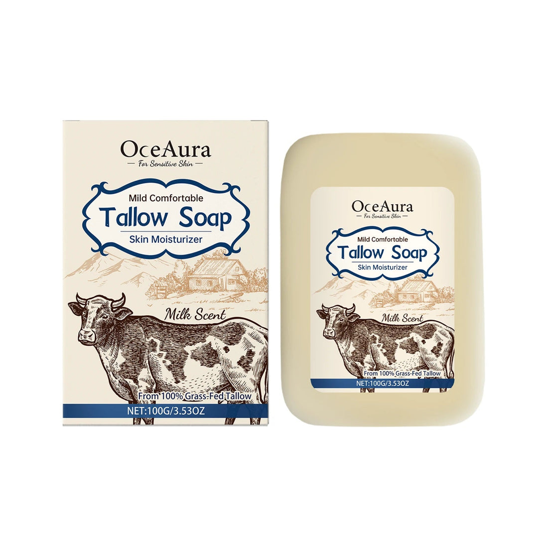 OCEAURA Tallow Soap, Beef Tallow Soap, Pure Tallow Balm Soap Bar for Sensitive Skin - Moisturizes, Soothes, and Hydrates 100g Halalzen
