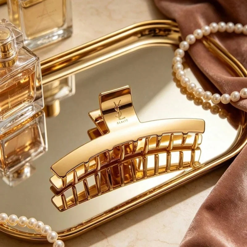 YSL Saint Laurent Hair Barrette Gold Metal Clip, Made in France French Luxury Original Box Hair Accessory Gift for Women Girls