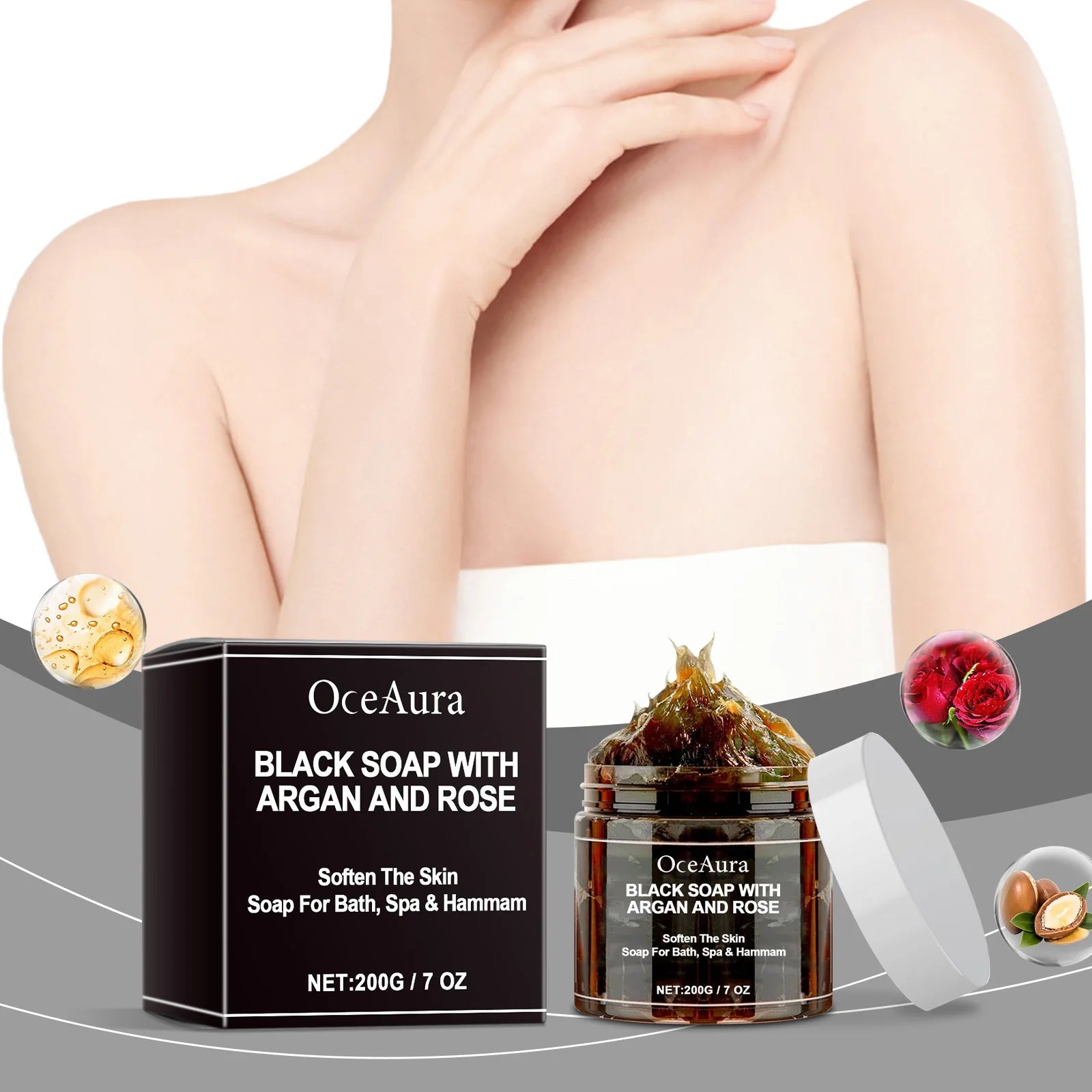 OCEAURA Black Soap With Argan And Rose lack Beldi Soap Ideal For Dead Skin Remover Body Scrub Purifying Deep Cleansing 200g/7 Oz Halalzen