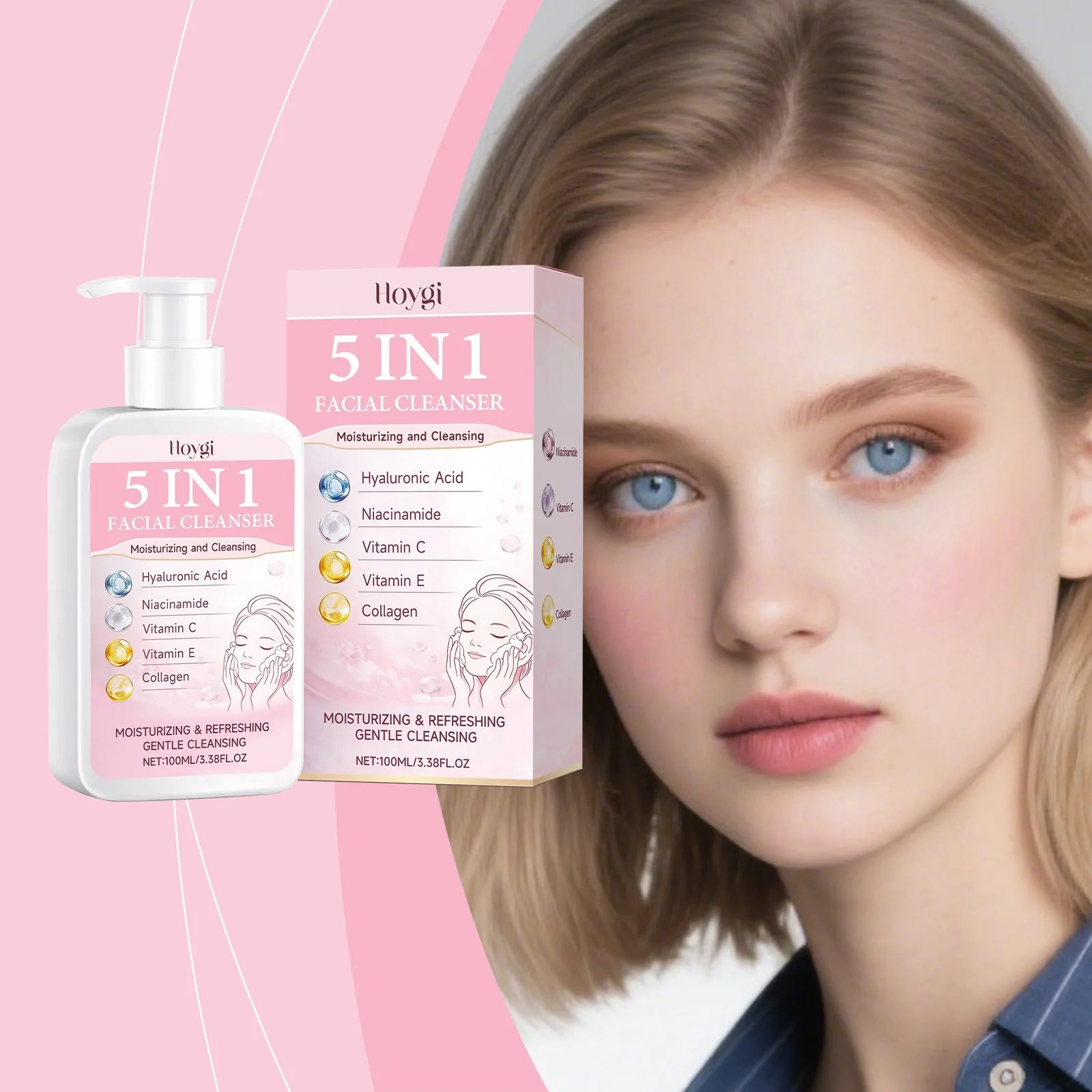 5-in-1 Moisturizing Cleanser - Rich Foam Light Texture Mild Non-Irritating Daily Gentle Hydrating Facial Cleansing Cream Halalzen