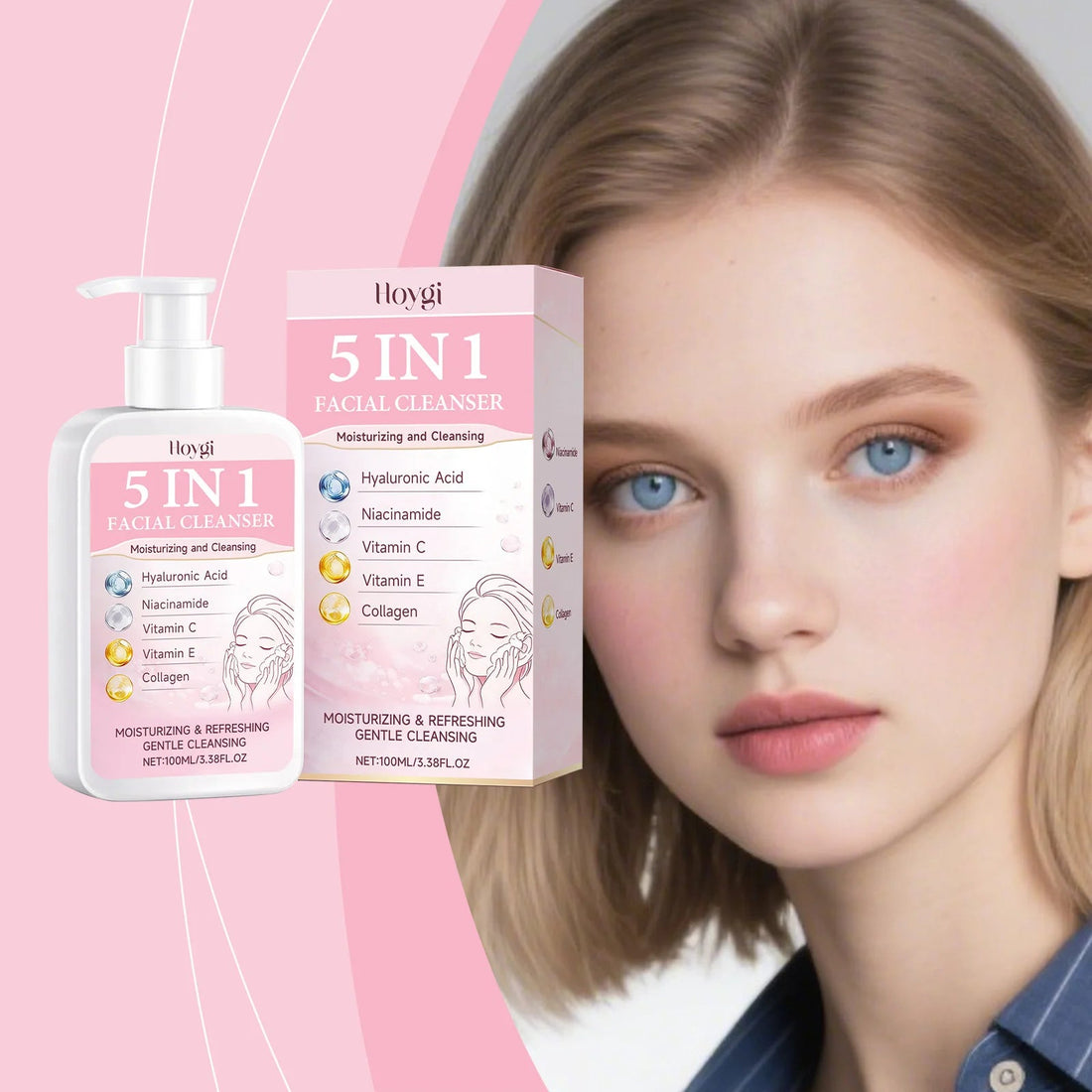 5-in-1 Moisturizing Cleanser - Rich Foam Light Texture Mild Non-Irritating Daily Gentle Hydrating Facial Cleansing Cream Halalzen
