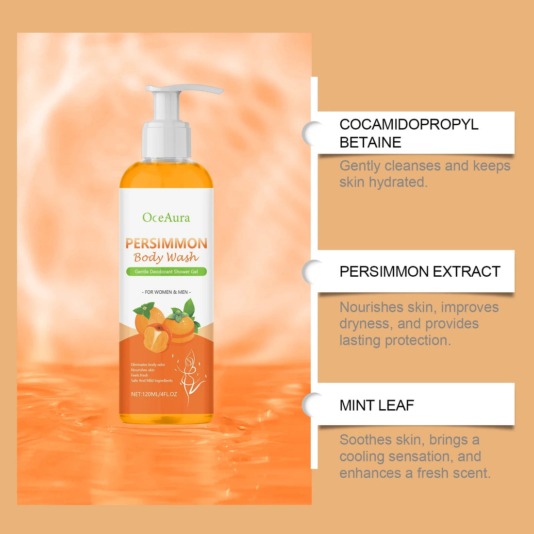 OCEAURA Persimmon Deodorizing Shower Gel Odor Remover Sweat Stains Body Cleaning Lasting Fragrance Smoothing Nourish Body Wash Halalzen