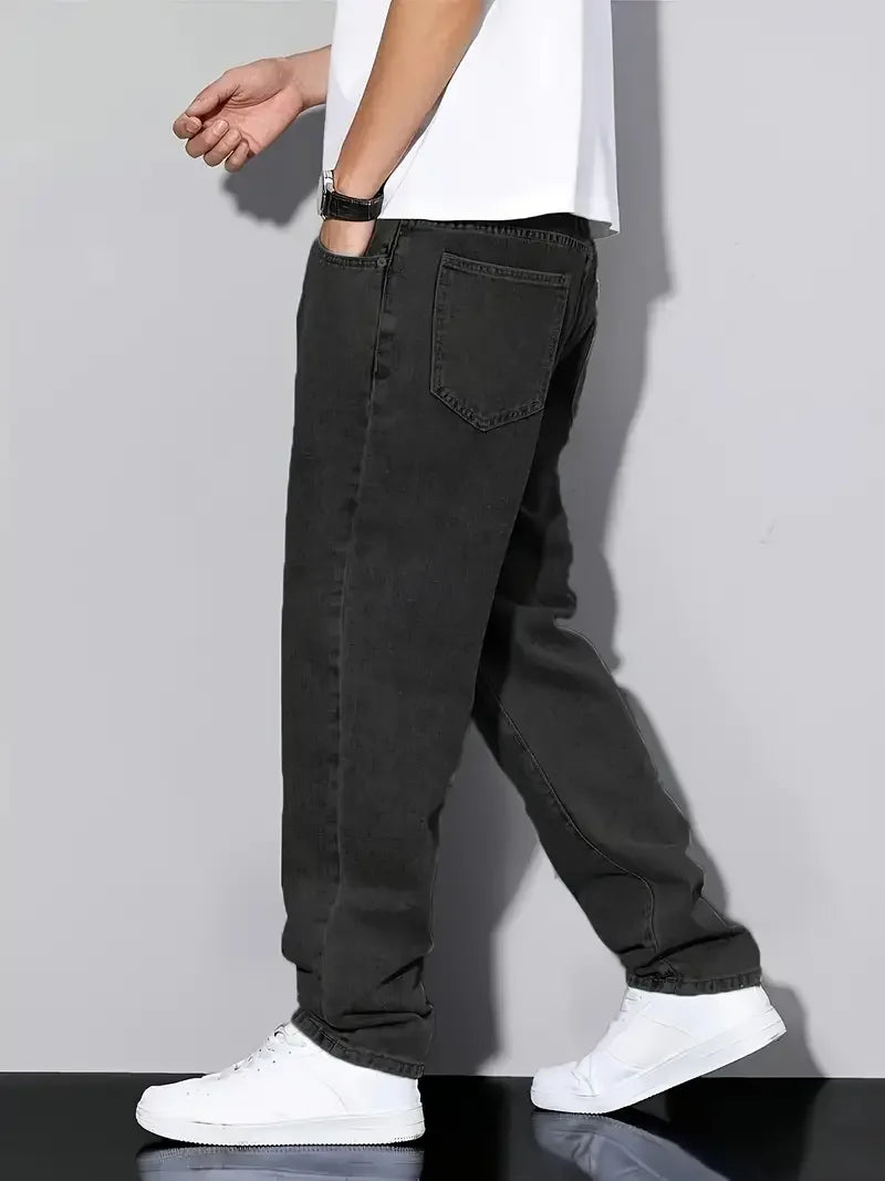 [Classic Black Denim Jeans] Classic Black Denim Jeans - Cotton Blend, Versatile All-Season Wear, Non-Stretch Fabric, Regular Fit