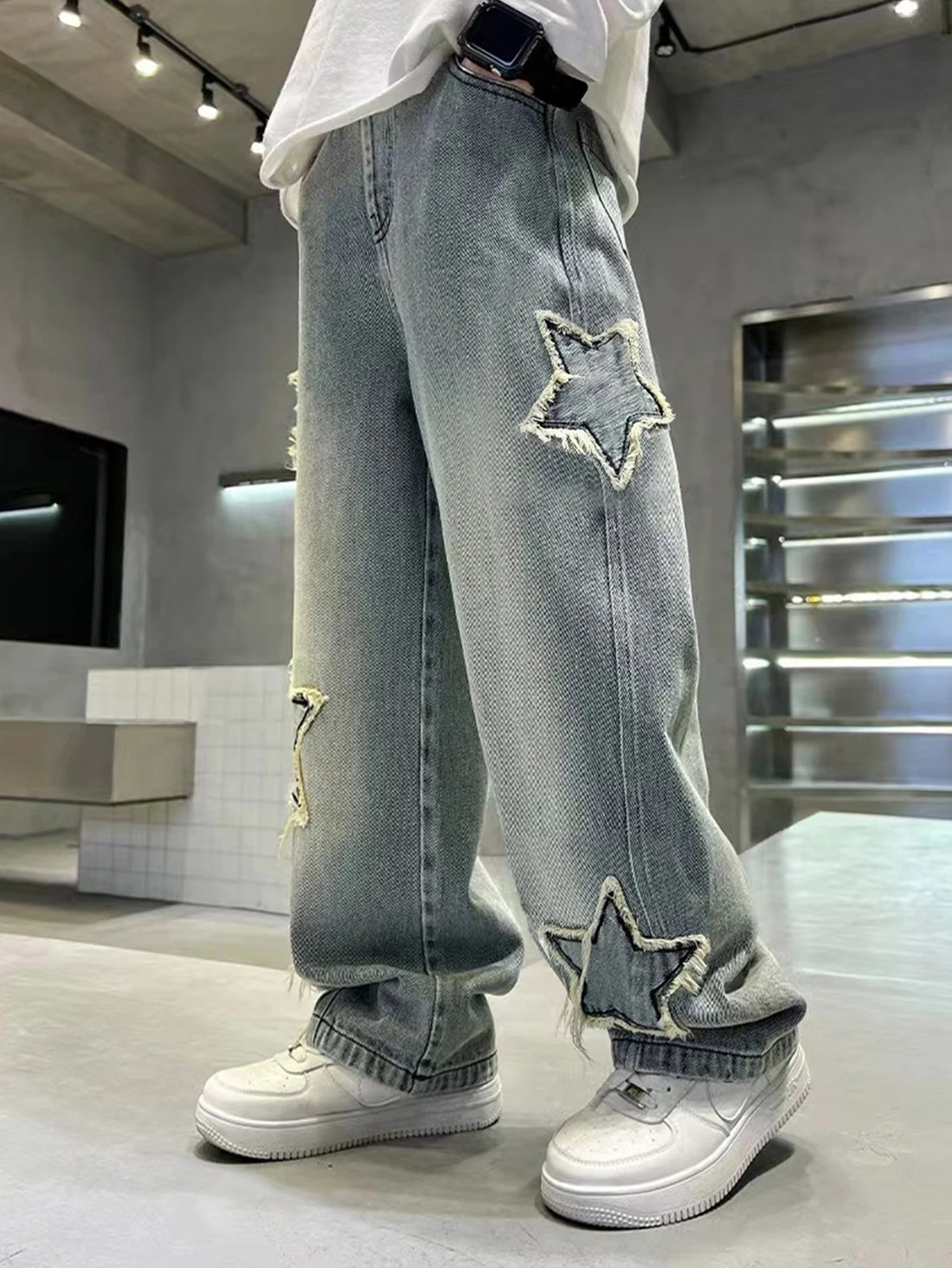 Teenage Five-Pointed Star Straight-Leg Washed Denim Jeans - Handsome, Versatile, Casual Wide-Leg Pants