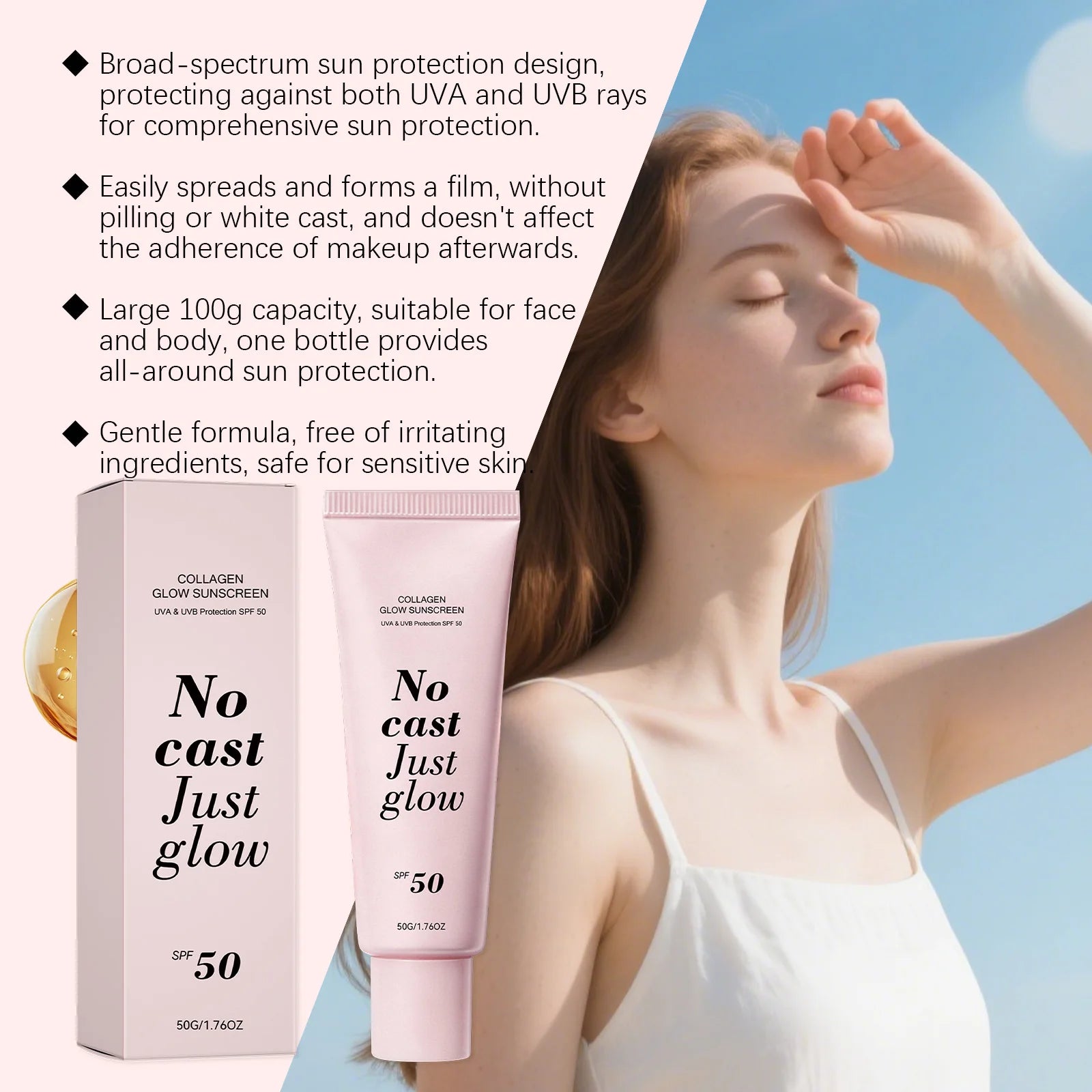 Collagen Glow Sunscreen SPF50 Broad Spectrum UVA UVB Protection No White Cast Lightweight Non Greasy Hydrating Sun Lotion For Se