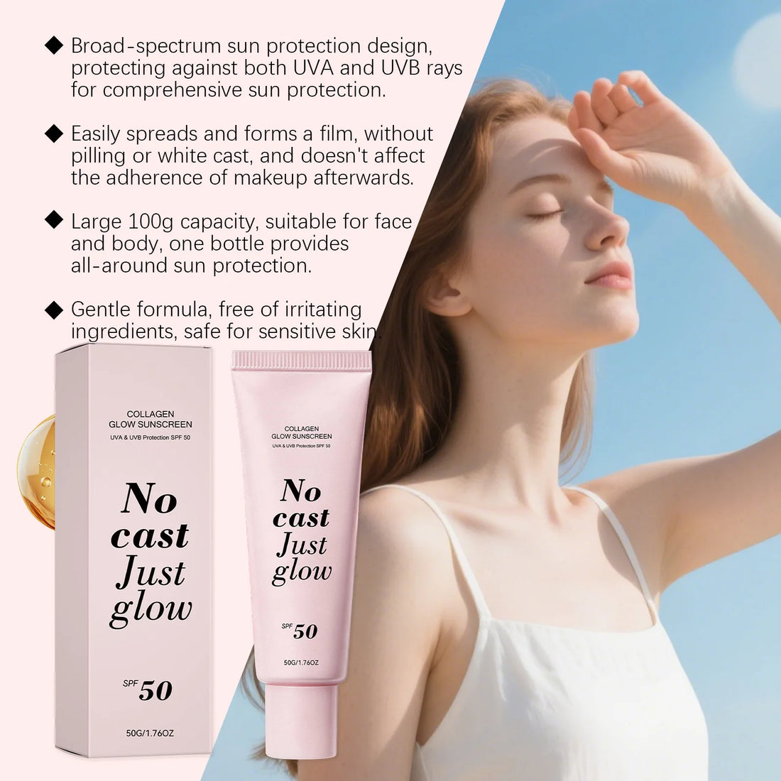 Collagen Glow Sunscreen SPF50 Broad Spectrum UVA UVB Protection No White Cast Lightweight Non Greasy Hydrating Sun Lotion For Se