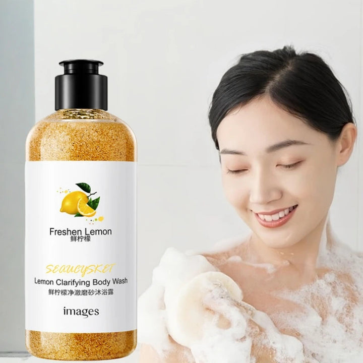 300ml Lemon Scrub Shower Gel, Alcohol-Free, Non-Greasy, Formaldehyde-Free, Rich in Citric Acid, Vitamin E, and Hyaluronic Acid, Suitable for All Light Beige Skin Types, with a Fresh Scent, Featuring Moisturizing, Nourishing, Halalzen