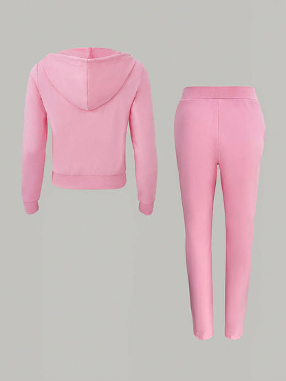 Women's Pink Zipper Sportswear Set of 2 Pieces Jogger Letter Printed Jogging Sportswear Hoodie and Sweatpants Set