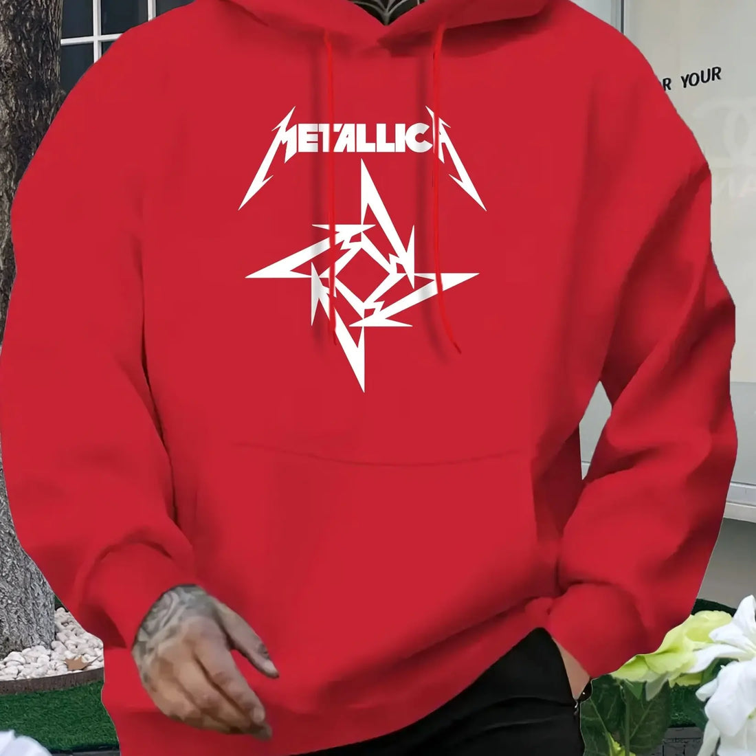 Men'S Metallic Star Print Hoodie - Casual Blue Sweatshirt with "METALLIC" Design, All-Season Comfort, Regular Fit, Casual Wear