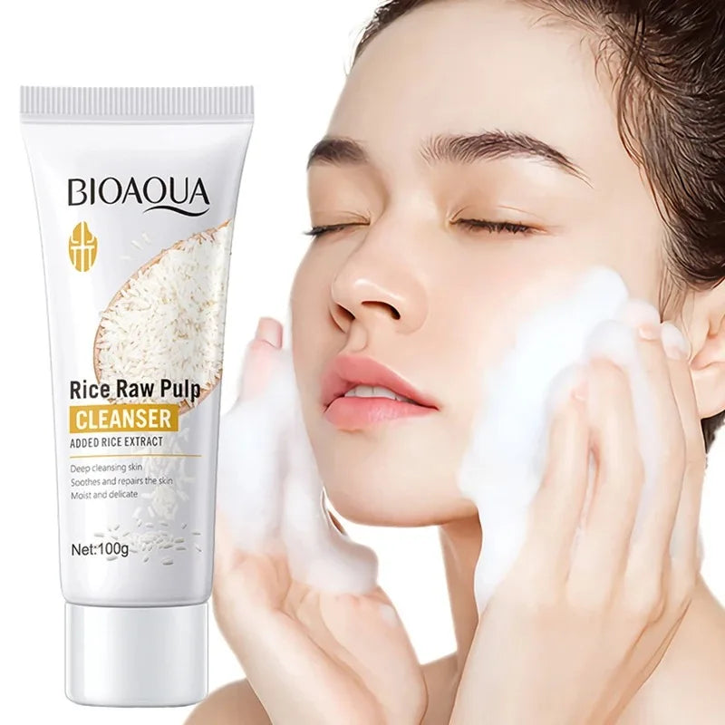 BIOAQUA Rice Raw Pulp Facial Cleanser Face Wash Foam skincare Moisturizing Skin Brightening Rejuvenation Face Cleanser Skin Care Halalzen