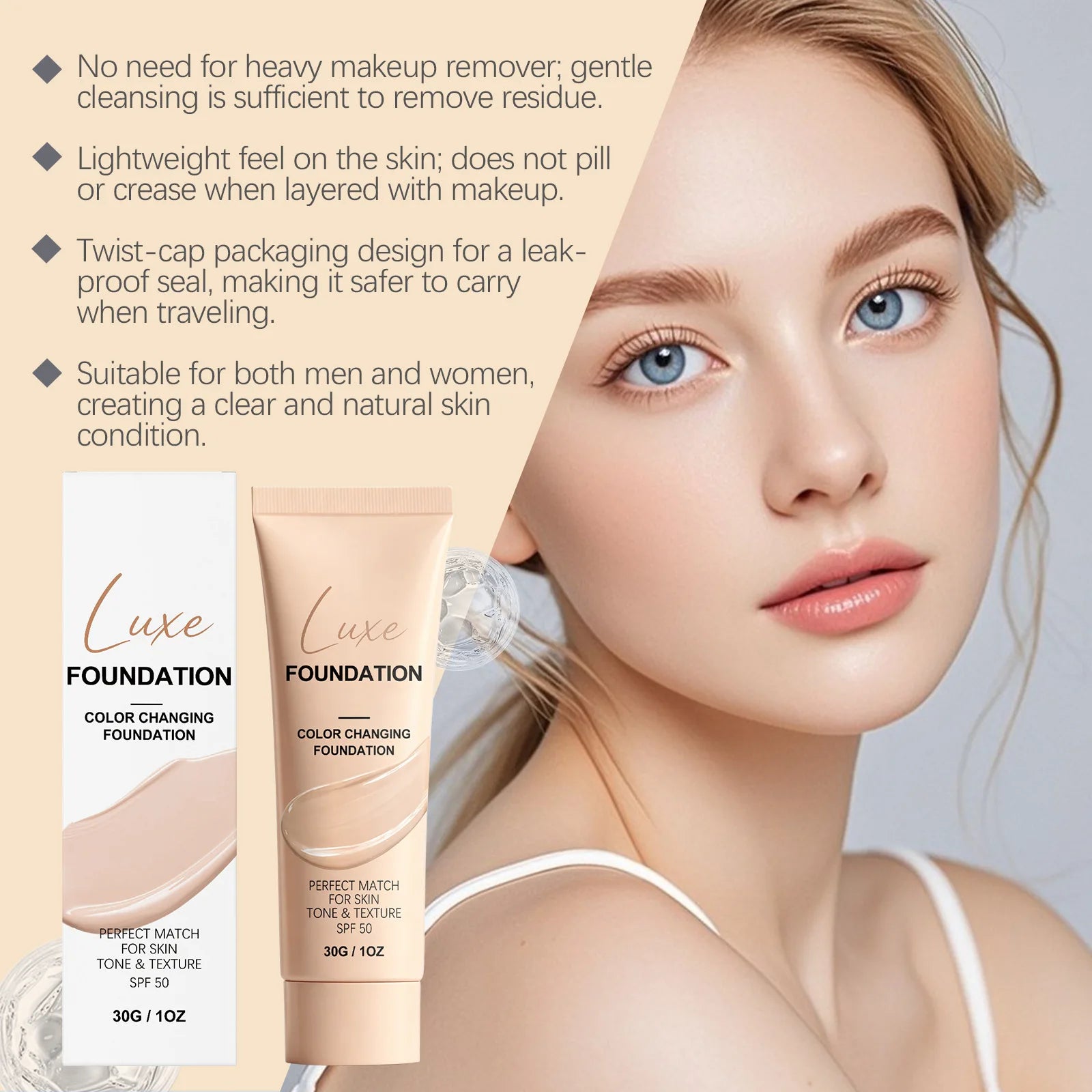SPF 50 Color Changing Foundation Natural Coverage Self Adjusting Liquid Foundation Conceal Flaws Lightweight Primer Makeup Base