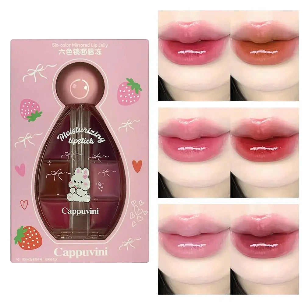 1/2PCS Six-color Strawberry Mirror Jelly Lipstick Palette Juicy Pink Solid Lip Gloss Set Moisturizing Lip Oil Tint with Silicone