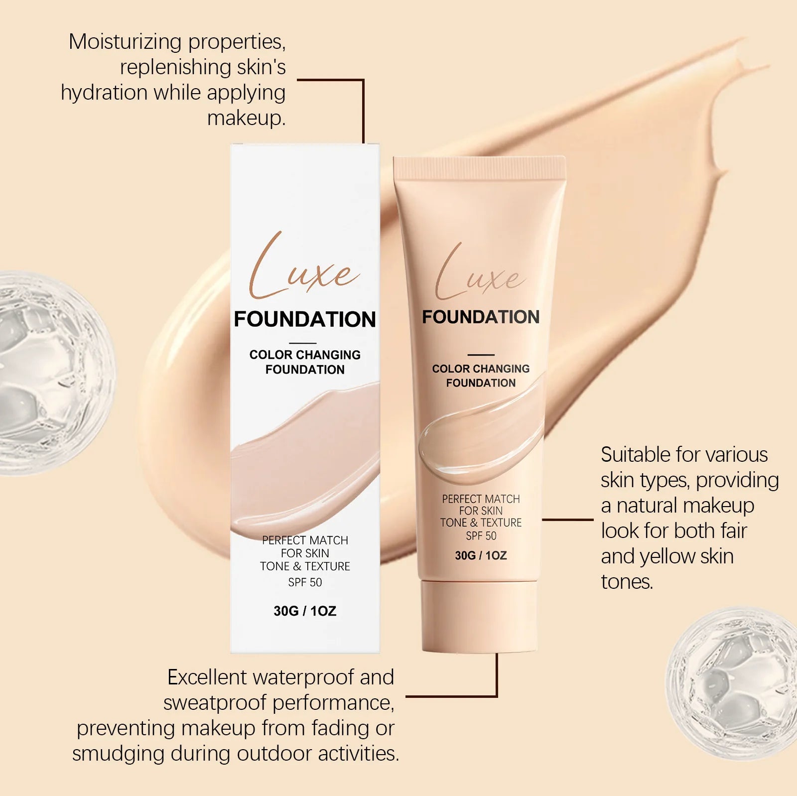 SPF 50 Color Changing Foundation Natural Coverage Self Adjusting Liquid Foundation Conceal Flaws Lightweight Primer Makeup Base