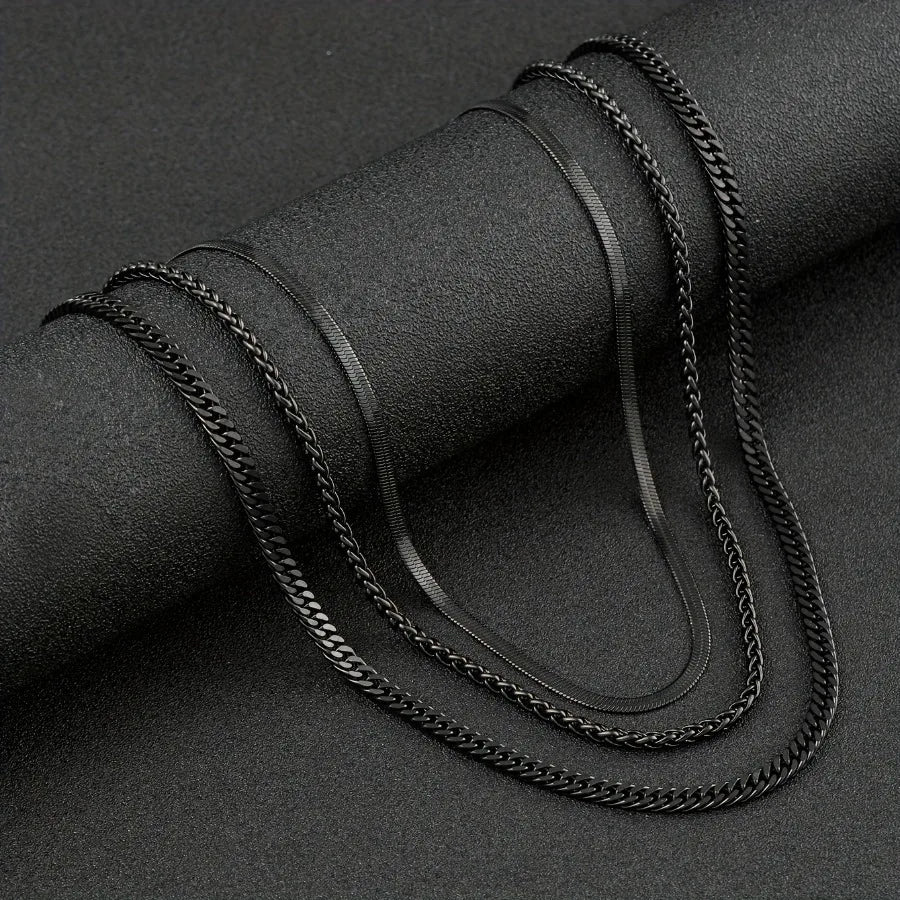 Men's 3pcs Black Steel Necklace Set – Punk Gothic Chain Links