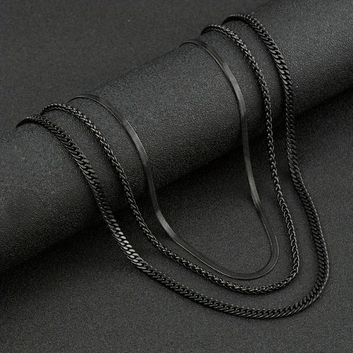 Men's 3pcs Black Steel Necklace Set – Punk Gothic Chain Links